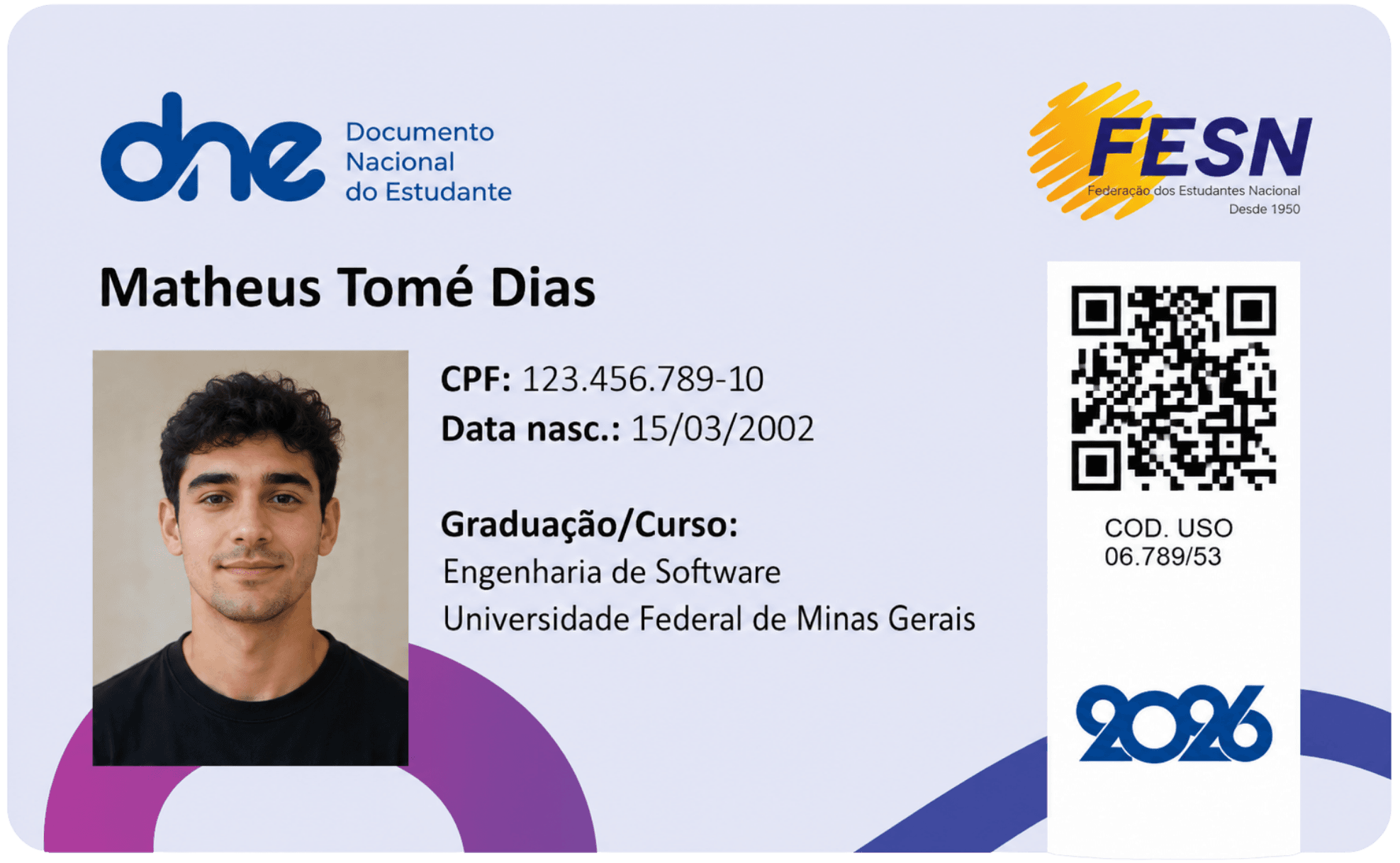 Exemplo de Documento Nacional do Estudante emitido pela FESN